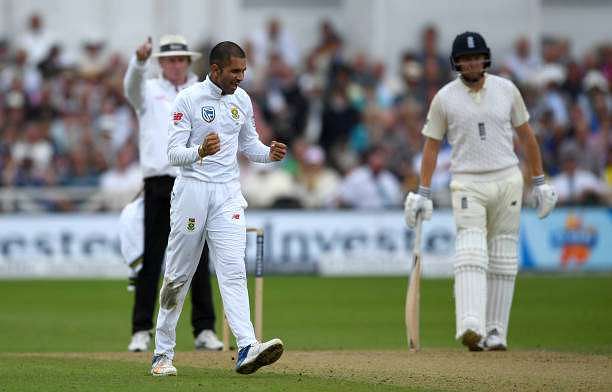 NOTTINGHAM, ENGLAND - JULY 15:  Keshav Maharaj of South Africa celebrates dismissing Ben Stokes of England during day two of the 2nd Investec Test match between England and South Africa at Trent Bridge on July 15, 2017 in Nottingham, England.  (Photo by Gareth Copley/Getty Images)