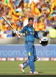 MELBOURNE, AUSTRALIA - FEBRUARY 26: Kumar Sangakkara of Sri Lanka celebrates reaching his century during the 2015 ICC Cricket World Cup match between Sri Lanka and Bangladesh at Melbourne Cricket Ground on February 26, 2015 in Melbourne, Australia. (Photo by Quinn Rooney/Getty Images)