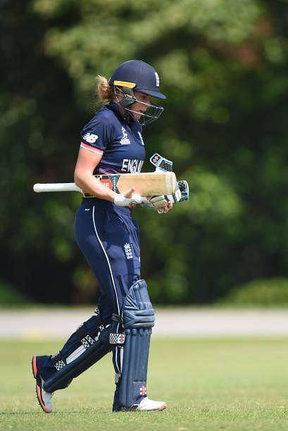 CHESTERFIELD, ENGLAND - JUNE 19: Lauren Winfield of England Women&#039;s walks of the pitch during the ICC women&#039;s world cup warm up match between England Women&#039;s and Sri Lanka on June 19, 2017 in Chesterfield, England. (Photo by Nathan Stirk/Getty Images)
