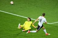 SOCHI, RUSSIA - JUNE 29: Leon Goretzka of Germany scores his team's second goal past Guillermo Ochoa of Mexico during the FIFA Confederations Cup Russia 2017 Semi-Final between Germany and Mexico at Fisht Olympic Stadium on June 29, 2017 in Sochi, Russia. (Photo by Matthias Hangst/Getty Images)
