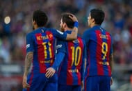 BARCELONA, SPAIN - MAY 06: Lionel Messi of FC Barcelona celebrates with Neymar and Luis Suarez after scoring his team's 3rd goal from the penalty spot during of the La Liga match between FC Barcelona and Villarreal CF at Camp Nou stadium on May 6, 2017 in Barcelona, Spain. (Photo by Denis Doyle/Getty Images)