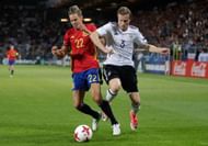 KRAKOW, POLAND - JUNE 30: Marcos Llorente of Spain and Yannick Gerhardt of Germany in action during the UEFA European Under-21 Championship Final between Germany and Spain at Krakow Stadium on June 30, 2017 in Krakow, Poland. (Photo by Nils Petter Nilsson/Ombrello/Getty Images)