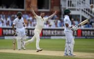 LONDON, ENGLAND - JULY 09: Mark Wood celebrates dismissing Jean-Paul Duminy of South Africa during the 4th day of the 1st Investec Test between England and South Africa at Lord's Cricket Ground on July 9, 2017 in London, England. (Photo by Gareth Copley/Getty Images)
