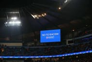 MANCHESTER, ENGLAND - OCTOBER 21: A No to Racism message is displayed on the big screen during the UEFA Champions League Group D match between Manchester City and Sevilla at Etihad Stadium on October 21, 2015 in Manchester, United Kingdom. (Photo by Alex Livesey/Getty Images)