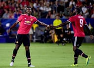 CARSON, CA - JULY 15: Paul Pogba #6 and Romelo Lukaku #9 of Manchester United celebrate a 4-0 lead after a goal from Henrikh Mkhitaryan #22 during the second half at StubHub Center on July 15, 2017 in Carson, California. (Photo by Harry How/Getty Images)