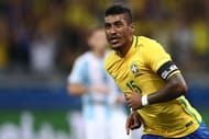 BELO HORIZONTE, BRAZIL - NOVEMBER 10: Paulinho of Brazil celebrates a scored goal during a match between Brazil and Argentina as part of 2018 FIFA World Cup Russia Qualifier at Mineirao stadium on November 10, 2016 in Belo Horizonte, Brazil. (Photo by Buda Mendes/Getty Images)