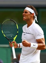 LONDON, ENGLAND - JULY 07: Rafael Nadal of Spain celebrates victory after the Gentlemen's Singles third round match between Karen Khachanov of Russia on day five of the Wimbledon Lawn Tennis Championships at the All England Lawn Tennis and Croquet Club on July 7, 2017 in London, England. (Photo by Michael Steele/Getty Images)