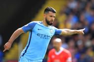 WATFORD, ENGLAND - MAY 21: Sergio Aguero of Manchester City celebrates scoring his sides second goal during the Premier League match between Watford and Manchester City at Vicarage Road on May 21, 2017 in Watford, England. (Photo by Richard Heathcote/Getty Images)