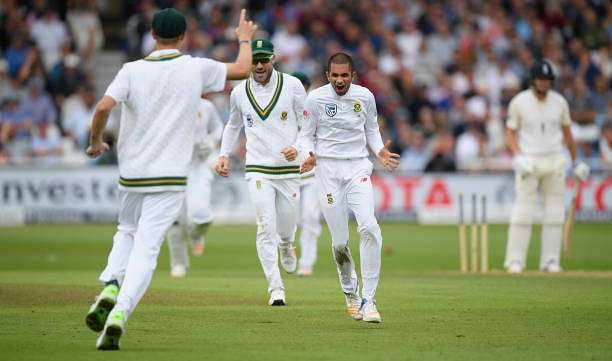 NOTTINGHAM, ENGLAND - JULY 15:  South Africa bowler Keshav Maharaj celebrates after bowling Jonny Bairstow during day two of the  2nd Investec Test match between England and South Africa at Trent Bridge on July 15, 2017 in Nottingham, England.  (Photo by Stu Forster/Getty Images)
