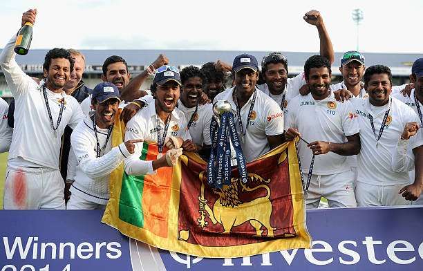 LEEDS, ENGLAND - JUNE 24: Sri Lanka celebrate winning the 2nd Investec Test match between England and Sri Lanka at Headingley Cricket Ground on June 24, 2014 in Leeds, England. (Photo by Gareth Copley/Getty Images)
