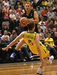 MELBOURNE, AUSTRALIA - SEPTEMBER 07: Suzie Bates of New Zealand collides with Rachael Flanagan of Australia during the first match between the Australian Opals and the New Zealand Tall Ferns at State Netball Hockey Centre on September 7, 2011 in Melbourne, Australia. (Photo by Hamish Blair/Getty Images)