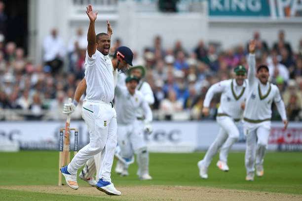 NOTTINGHAM, ENGLAND - JULY 15:  Vernon Philander of South Africa successfully appeals for the wicket of Alastair Cook of England during day two of the 2nd Investec Test match between England and South Africa at Trent Bridge on July 15, 2017 in Nottingham, England.  (Photo by Gareth Copley/Getty Images)